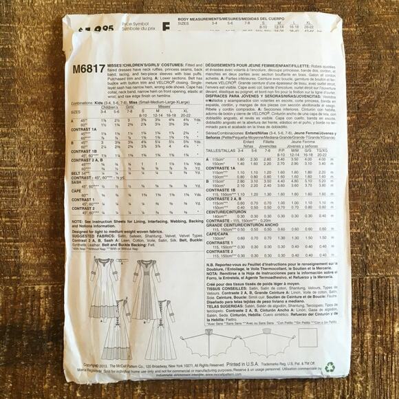 McCalls Sewing Pattern M6817 Scottish Princess Vampiress Costume Girls 3-8 UNCUT - Picture 2 of 3